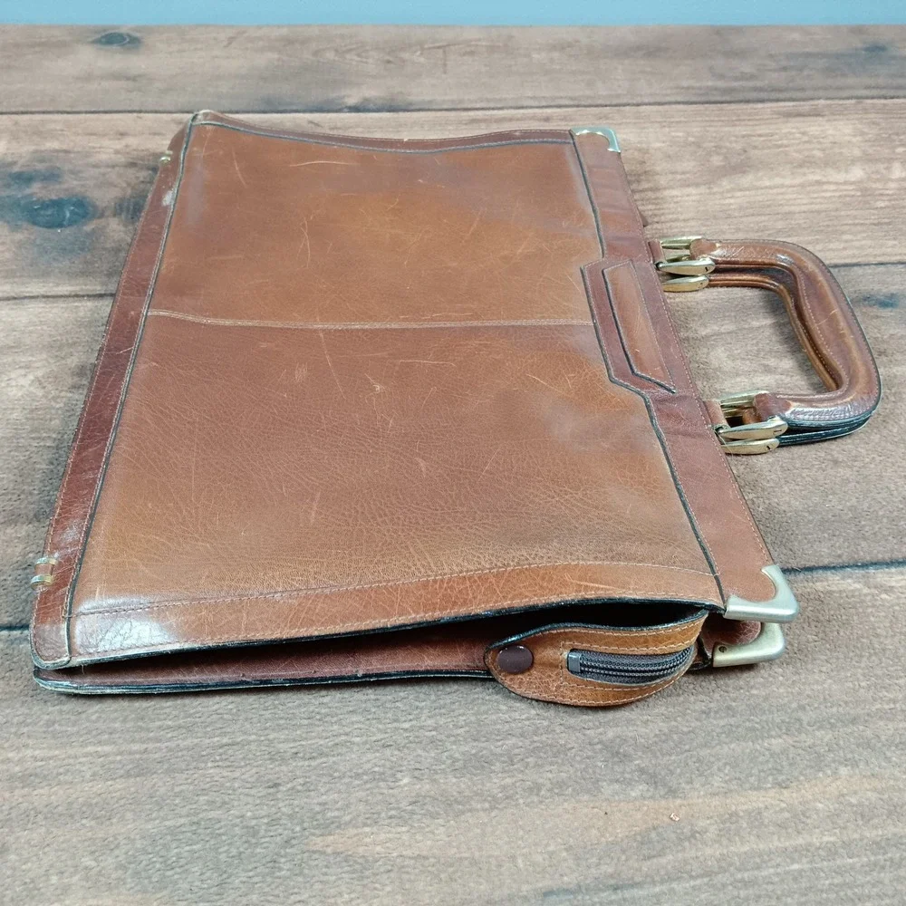 Prucher Briefcase Unisex Large Brown Fair Vintage Italian Leather Document Bag